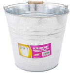 The Galvanised Metal Bucket 9l is shown, perfect for gardening or DIY projects. It features a wooden grip handle and has a purple label that reads "9LTR BUCKET" and "Galvanised Metal & Wooden Grip Handle," along with a barcode and additional text. The bucket also sports a ribbed design near the top.