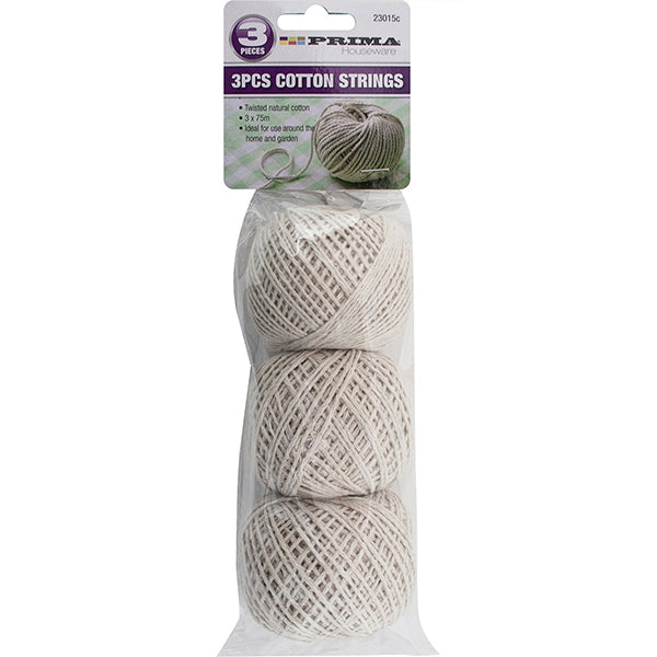 A three-piece pack of Prima Cotton String, crafted from twisted natural cotton, ideal for crafting projects or use around the home and garden. The strings are stacked vertically and wrapped in clear plastic, with each ball weighing 3.75 oz as indicated on the packaging header.