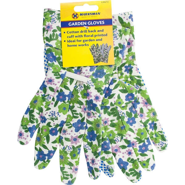The Marksman Floral Print Garden Gloves boast a blue and green floral design and come with a yellow tag that prominently displays "MARKSMAN" at the top. The tag highlights that these gloves feature a cotton drill back and cuff, offering protection against thorns, making them perfect for gardening and home tasks.