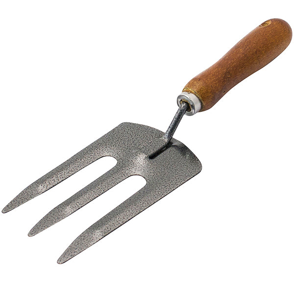 The Marksman Wooden Handle Hand Fork Garden Tool is displayed against a white background, showcasing its three slightly curved stainless steel tines and smooth wooden handle with a metal ferrule at the intersection.