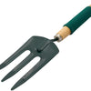 The Marksman Hand Fork With Foam Handle features three durable steel tines and a wooden handle with a green cushioned grip. Its wide, flat prongs are ideal for various gardening tasks, including digging and turning soil in small garden areas or pots. The overall design is both ergonomic and sturdy.