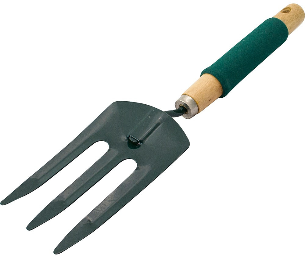 The Marksman Hand Fork With Foam Handle features three durable steel tines and a wooden handle with a green cushioned grip. Its wide, flat prongs are ideal for various gardening tasks, including digging and turning soil in small garden areas or pots. The overall design is both ergonomic and sturdy.