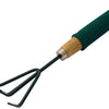 Close-up of a Marksman Hand Cultivator With Foam Handle featuring a wooden design and green rubber grip. This essential gardening tool comes with a small metal head equipped with three curved prongs for soil loosening and cultivation. The hand cultivator is positioned diagonally on a white background.