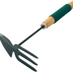 The Marksman Fork And Hoe With Foam Handle is a versatile gardening tool featuring a foam handle in green and wood. It has a hoe on one end and a three-pronged fork on the other, making it perfect for tasks like digging, weeding, and cultivating soil. This Fork and Hoe combination ensures efficiency in your garden.