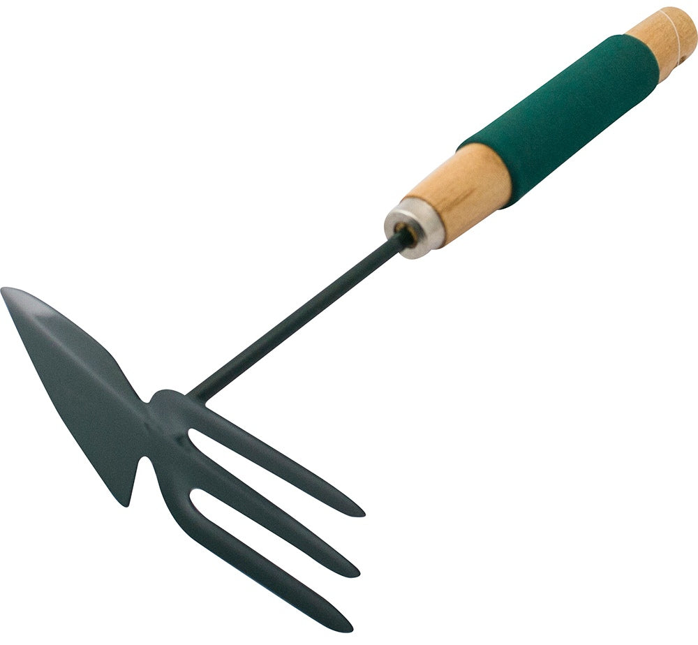 The Marksman Fork And Hoe With Foam Handle is a versatile gardening tool featuring a foam handle in green and wood. It has a hoe on one end and a three-pronged fork on the other, making it perfect for tasks like digging, weeding, and cultivating soil. This Fork and Hoe combination ensures efficiency in your garden.