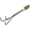 The Marksman Plastic Handle Hand Cultivator Garden Tool features a three-pronged design with a green and black ergonomic handle. The metal prongs are built for durability, while the textured grip on the handle ensures comfort during use. This sturdy and functional tool is perfect for removing weeds, aerating soil, and tackling compacted soil.