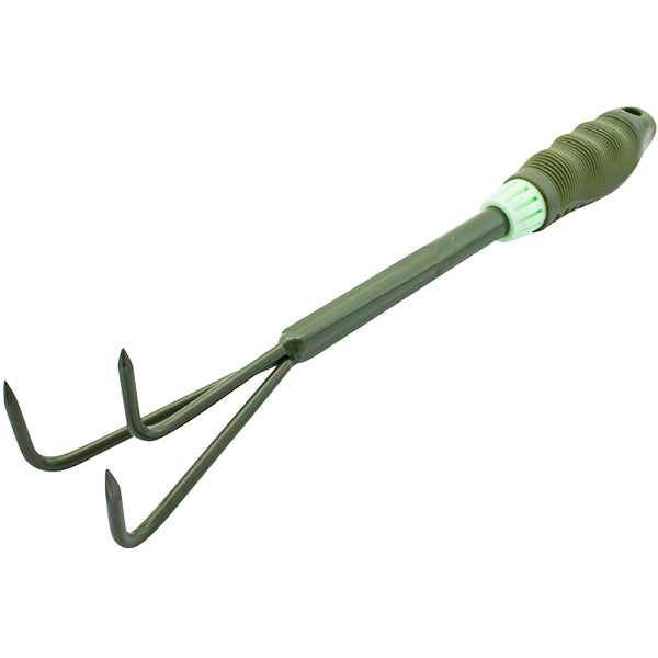 The Marksman Plastic Handle Hand Cultivator Garden Tool features a three-pronged design with a green and black ergonomic handle. The metal prongs are built for durability, while the textured grip on the handle ensures comfort during use. This sturdy and functional tool is perfect for removing weeds, aerating soil, and tackling compacted soil.