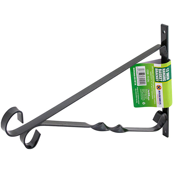 The Marksman Hanging Basket Bracket 12" is a black metal bracket featuring a twisted design and decorative curls at the ends. Coated in black powder, it includes pre-drilled holes for easy mounting. The green and yellow product label confirms it as a 12-inch basket bracket, ideal for securely holding items.