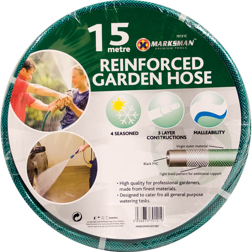 Image depicts the packaging for the Marksman 15m Reinforced PVC Garden Hose. This hose, perfect for professional gardening or general watering tasks, is designed to be 4-season durable with its 3-layer construction and flexible nature. It features a vinyl outer layer, black PVC inner layer, and a tight braid pattern for additional strength.