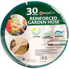 Introducing the Marksman 30m Reinforced PVC Garden Hose, a coiled green marvel featuring four-season durability and a robust three-layer construction to cater to all your gardening needs. Highly malleable for ease of use, its packaging highlights images of the hose excelling at various garden and watering tasks like a pro.