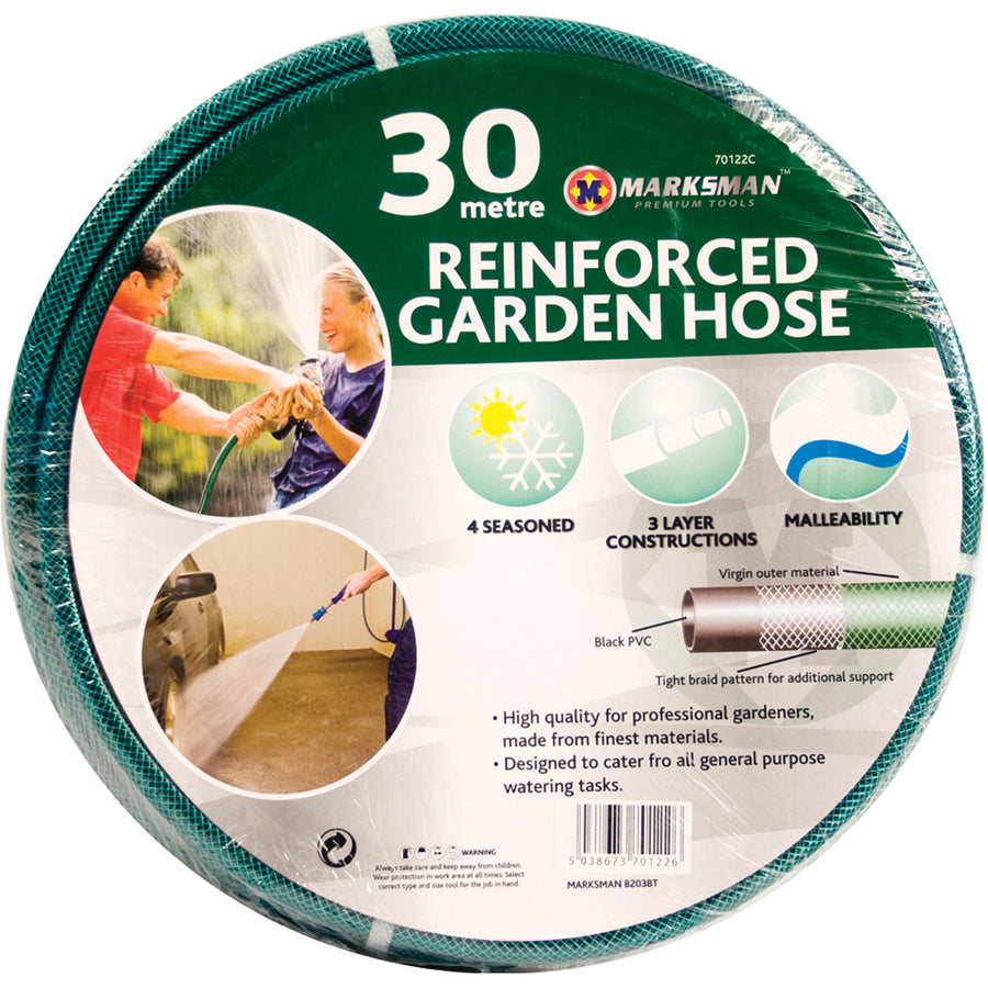 Introducing the Marksman 30m Reinforced PVC Garden Hose, a coiled green marvel featuring four-season durability and a robust three-layer construction to cater to all your gardening needs. Highly malleable for ease of use, its packaging highlights images of the hose excelling at various garden and watering tasks like a pro.
