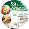 The round packaging for the 50-meter Marksman Reinforced PVC Garden Hose showcases images of the hose in action and includes text emphasizing its key features: "4 seasoned," "reliable three-layer construction," "malleability," and "high quality for professional gardening.