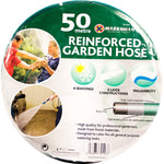 The round packaging for the 50-meter Marksman Reinforced PVC Garden Hose showcases images of the hose in action and includes text emphasizing its key features: "4 seasoned," "reliable three-layer construction," "malleability," and "high quality for professional gardening.