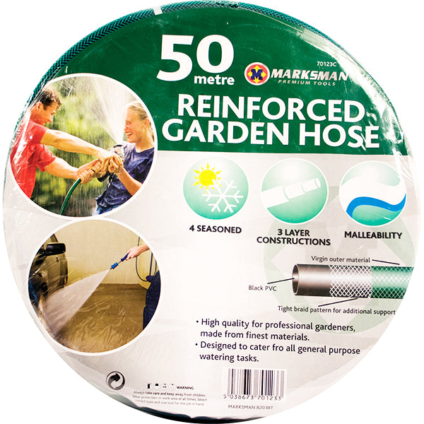 The round packaging for the 50-meter Marksman Reinforced PVC Garden Hose showcases images of the hose in action and includes text emphasizing its key features: "4 seasoned," "reliable three-layer construction," "malleability," and "high quality for professional gardening.