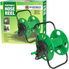 Image of a Marksman Portable Garden Hose Reel 60m showcasing its green and black design. The frost-resistant reel is displayed both as a product and in its packaging, which emphasizes features like being lightweight, anti-rust, and capable of holding up to 60 meters of garden hose.