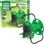 Image of a Marksman Portable Garden Hose Reel 60m showcasing its green and black design. The frost-resistant reel is displayed both as a product and in its packaging, which emphasizes features like being lightweight, anti-rust, and capable of holding up to 60 meters of garden hose.