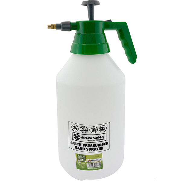 The Marksman Hand Pressure Sprayer 3L is perfect for garden maintenance, featuring a pressurized white container with a green handle and cap. It includes a variable jet nozzle, an adjustable spray trigger, and has instructions and informational labels clearly displayed on the front.