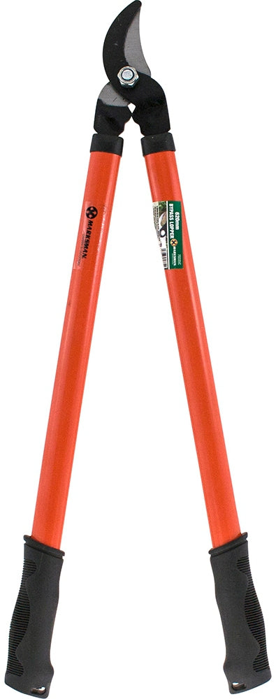 The Marksman Bypass Lopper 62cm is a heavy-duty tool with orange handles and black grips, featuring a curved cutting blade for pruning or trimming branches. These sturdy loppers are designed for demanding garden or landscaping use.