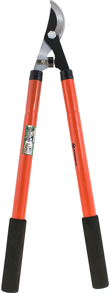 An image of a Marksman Telescopic Bypass Lopper 24"-37" with red handles and black non-slip grips. The cutting mechanism at the top features a sharp, curved blade designed for pruning tree branches and shrubs. A small label with text is attached to one of the handles.