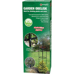 A green product box labeled "Marksman Garden Obelisk 1.9m" showcases a metal obelisk structure made of coated steel tubing, ideal for climbing plants and roses. The 1.9-meter high obelisk comes with fittings for easy assembly, features sturdy legs for stability, and boasts a stylish design.
