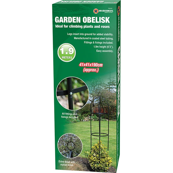 A green product box labeled "Marksman Garden Obelisk 1.9m" showcases a metal obelisk structure made of coated steel tubing, ideal for climbing plants and roses. The 1.9-meter high obelisk comes with fittings for easy assembly, features sturdy legs for stability, and boasts a stylish design.
