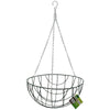 The Marksman Hanging Garden Basket 14" features a sturdy green metal frame and a silver chain for suspension. It includes a convenient hook for hanging and comes with a small product tag attached to the side. This empty round basket is ideal for holding garden plants in any outdoor setting.