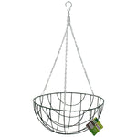 The Marksman Hanging Garden Basket 14" features a sturdy green metal frame and a silver chain for suspension. It includes a convenient hook for hanging and comes with a small product tag attached to the side. This empty round basket is ideal for holding garden plants in any outdoor setting.