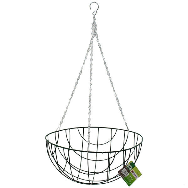 The Marksman Hanging Garden Basket 14" features a sturdy green metal frame and a silver chain for suspension. It includes a convenient hook for hanging and comes with a small product tag attached to the side. This empty round basket is ideal for holding garden plants in any outdoor setting.