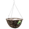 The Marksman Rattan Garden Hanging Basket 14" showcases a contemporary rattan design with a brown wicker construction and a clear plastic liner. Suspended by three metal chains attached to a hook, it's ideal for any outdoor space. Additionally, it includes a small green and white product tag attached.