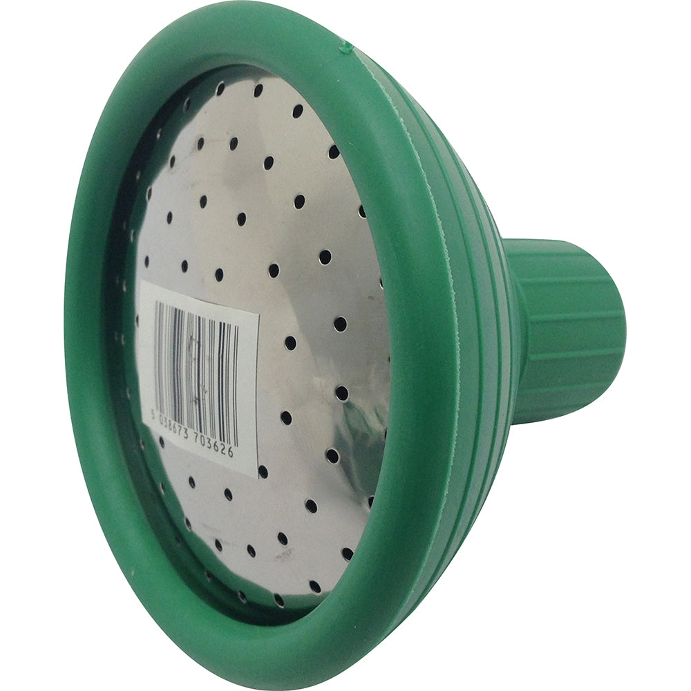 The Marksman Watering Can Rose, featuring a silver perforated metal face designed for a fine spray, includes a barcode in the center.