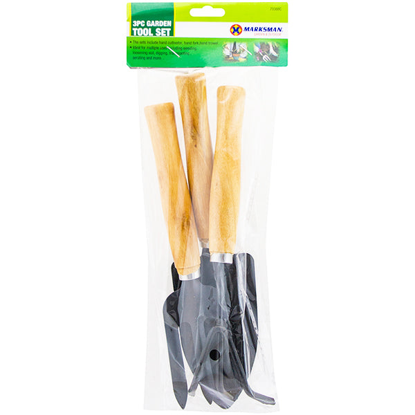 The Marksman Garden Hand Tool Set 3pc includes a trowel, transplanter, and hand rake. Each tool features a wooden handle and a black metal head. The clear plastic packaging with a green top label reads "Marksman Garden Hand Tool Set 3pc.