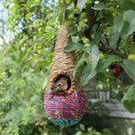A small bird sits at the opening of a colorful, woven Wildlife World Tahera Artisan Wild Bird Nester - Elegant Fair Trade Teardrop Design. The birdhouse, crafted from rope and designed in a teardrop shape, hangs from a leafy branch with small, unripe fruits. In the background, lush greenery and another tree are visible.