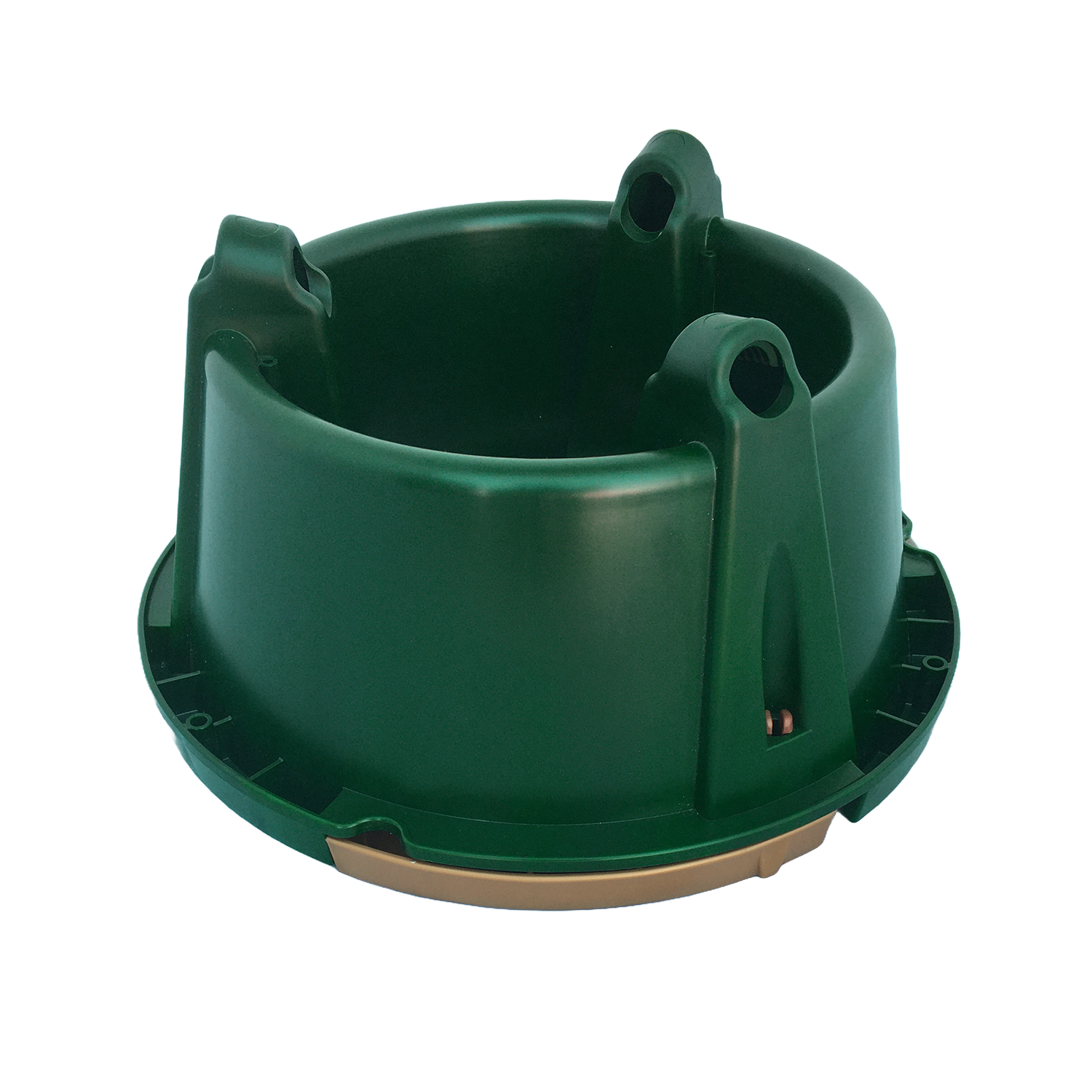 The Bertie Christmas Tree Stand is a green, round plastic base with tall side supports and holes for securing your tree. Measurement markings are on the bottom rim. Ideal for holiday decorating. Shown against a plain white background.