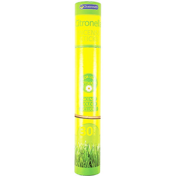 A bright yellow and green cylindrical container labeled "Chatsworth Citronella Outdoor Incense Sticks 30 Packs" includes 30 sticks and an incense holder. Ideal for outdoor gatherings, with images of grass and a daisy, it deters pests to create a pleasant environment.