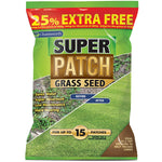 Chatsworth Super Patch Grass Seed is ideal for thickening garden lawns, featuring highlights such as "25% Extra Free," "Saves Water," "Super Absorbent," "Low Maintenance," and "Hard Wearing" on the packaging. Additionally, it displays a "Before and After" image of lawn improvement and can cover up to 15 patches.