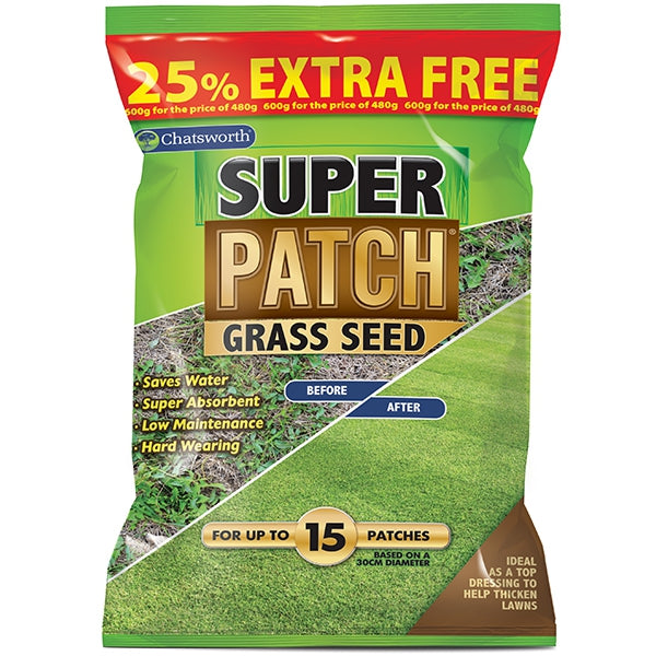 Chatsworth Super Patch Grass Seed is ideal for thickening garden lawns, featuring highlights such as "25% Extra Free," "Saves Water," "Super Absorbent," "Low Maintenance," and "Hard Wearing" on the packaging. Additionally, it displays a "Before and After" image of lawn improvement and can cover up to 15 patches.