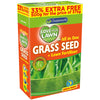 A vibrant green and orange box of Chatsworth Love Your Lawn Grass Seed Lawn Fertiliser 500g. The package offers 33% extra free and showcases images of lush grass, touting thicker, greener lawns. It's crafted for quick start growth, ensuring healthy lawn development and visual charm.