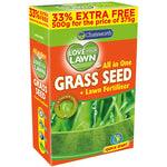 A vibrant green and orange box of Chatsworth Love Your Lawn Grass Seed Lawn Fertiliser 500g. The package offers 33% extra free and showcases images of lush grass, touting thicker, greener lawns. It's crafted for quick start growth, ensuring healthy lawn development and visual charm.