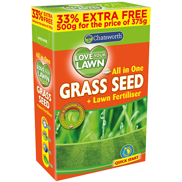 A vibrant green and orange box of Chatsworth Love Your Lawn Grass Seed Lawn Fertiliser 500g. The package offers 33% extra free and showcases images of lush grass, touting thicker, greener lawns. It's crafted for quick start growth, ensuring healthy lawn development and visual charm.