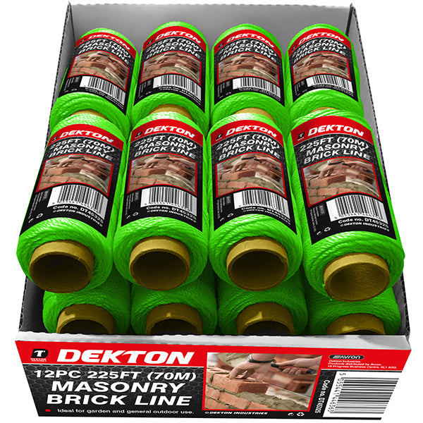 A display box of 12 Dekton 225Ft Masonry Brick Lines, each spool measuring 225 feet (70 meters) in length. The neon green lines come in packaging that showcases a close-up of brickwork. Ideal for garden and general outdoor use, these lines are perfect for hardware shops and construction projects alike.