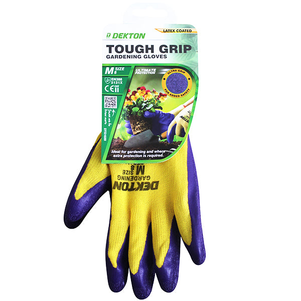 An image of a packaged pair of Dekton Touch Grip Latex Coated Gardening Gloves. The yellow gloves feature purple latex-coated fingers for enhanced grip. The packaging reads "DEKTON TOUGH GRIP GARDENING GLOVES 8/MEDIUM" and includes an illustration of the gloves in use in a garden.