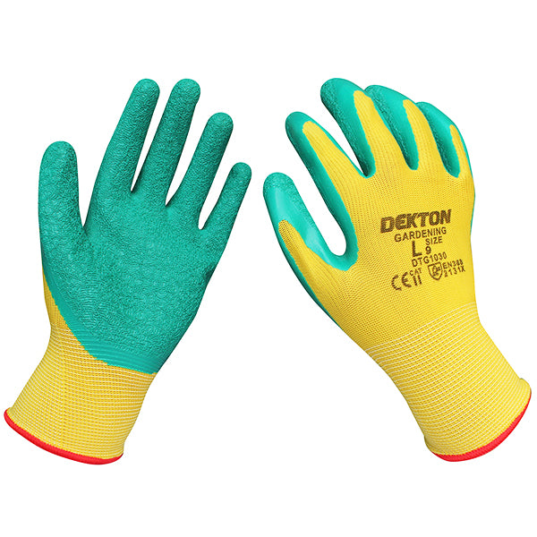 The Dekton Tough Grip Latex Coated Gardening Gloves 9/Large feature green latex-coated palms and fingertips, yellow fabric backs, and red cuffs for ultimate protection. The text "DEKTON GARDENING" is printed on the back of one glove along with size and certification information.