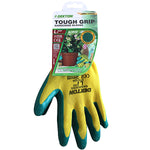Image of Dekton Tough Grip Latex Coated Gardening Gloves 9/Large. The packaging card showcases the gloves in a large size with vibrant green and yellow colors. The label highlights their latex coating for superior protection, durability, and suitability for gardening, featuring an image of the gloves being used with plants.