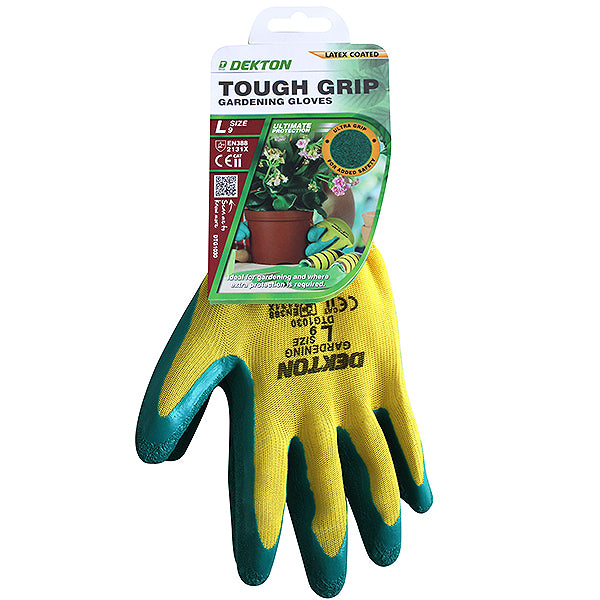 Image of Dekton Tough Grip Latex Coated Gardening Gloves 9/Large. The packaging card showcases the gloves in a large size with vibrant green and yellow colors. The label highlights their latex coating for superior protection, durability, and suitability for gardening, featuring an image of the gloves being used with plants.