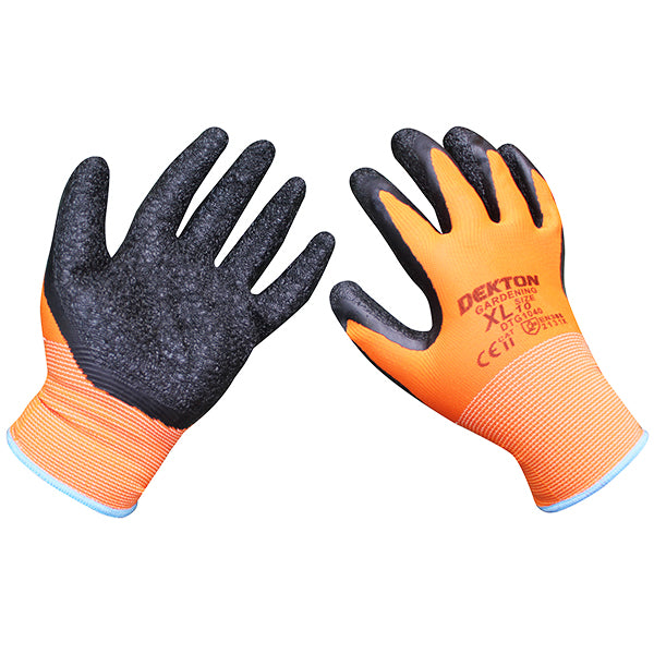 A pair of Dekton Tough Grip Latex Coated Gardening Gloves 10/XL in orange, featuring black textured latex-coated palms and fingertips. These size 10/XL gardening gloves have slightly elastic cuffs with blue trim, making them ideal for use or display.