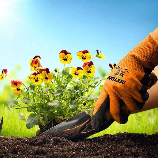 A person wearing Dekton Tough Grip Latex Coated Gardening Gloves 10/XL in orange is using a small garden trowel to plant yellow and red flowers in the soil. The bright blue sky and lush green grass are visible in the background, indicating a sunny day in the garden.