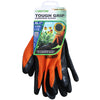 Image of Dekton Tough Grip Latex Coated Gardening Gloves 10/XL. These gloves feature a vibrant orange and black design with a latex-coated finish for enhanced grip. The packaging emphasizes their suitability for weeding, added protection, and unique grip texture.