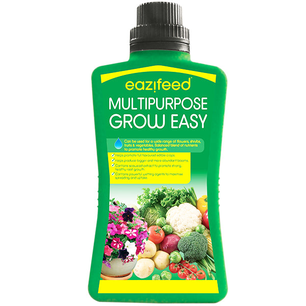 A green bottle of Eazifeed Multipurpose Grow Easy 500ml fertilizer, adorned with images of various vegetables at the bottom. The bottle features a black cap and yellow text highlighting the product's characteristics, including its nutrient-rich blend that supports the healthy growth of vegetables, fruits, and plants.