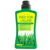 A 500ml green bottle of "Eazifeed Feed For Lawns" features a black cap and a label that highlights its benefits, such as promoting greener, healthier grass with a fast-acting lawn formula that strengthens roots. It is suitable for all types of grass and lawns.