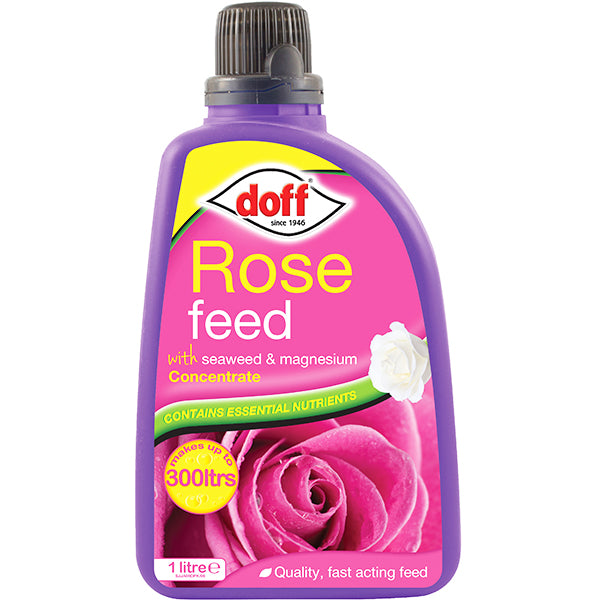 A purple bottle of Doff Rose Feed Concentrate 1L with a black cap, featuring the label "Rose Feed with Seaweed & Magnesium Concentrate," displays an image of a pink rose and notes that it makes up to 300 liters of feed. This enriched blend, containing essential nutrients, comes in a 1-liter bottle.